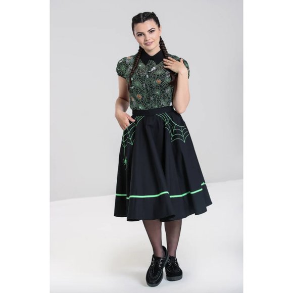Hell Bunny Green Spiderweb Halloween Swing Skirt, NWT -- S/UK10 - Picture 1 of 12